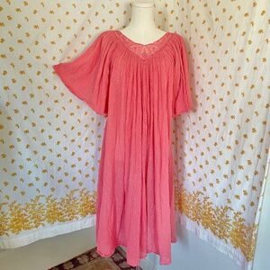 Vintage 70s Pink Lurex Gauze Boho Midi Dress